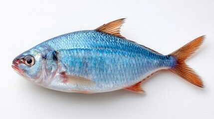 Fototapeta premium A detailed studio photograph captures a small schooling fish with iridescent blue scales and orange fins against a clean white background showcasing its intricate texture and form