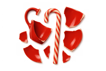 Broken red mug pieces and candy cane symbolizing christmas disappointment, shattered holiday expectations, transparent background
