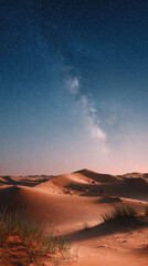 Beautiful desert landscape with sand dunes at night under serene sky. milky way galaxy filled with stars adds sense of awe and wonder to vast scenery