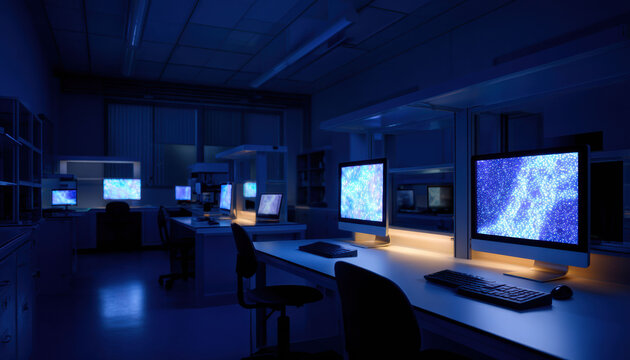 Dark office room with glowing computer monitor screen at night. quiet, empty workspace for network security and data analysis, with blue light from technology