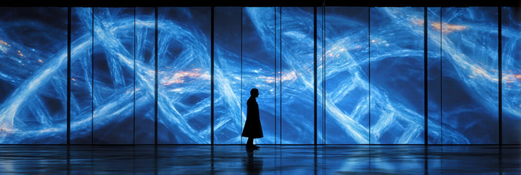 Contemplative silhouette of person watching huge, blue glowing digital screen with futuristic dna helix. Modern science and technology concept in dark hall - Powered by Adobe