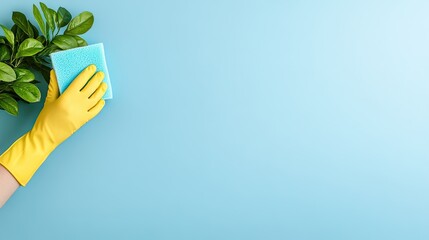 A vibrant hand in a yellow rubber glove scrubbing a window with a sponge against a fresh blue backdrop, emphasizing cleanliness and simplicity