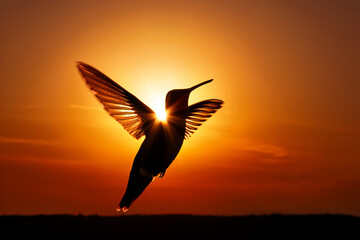 Fototapeta premium Dramatic silhouette of hummingbird mid‑flight, supporting lessons on biodiversity, peaceful coexistence, and understanding wildlife behavior. 