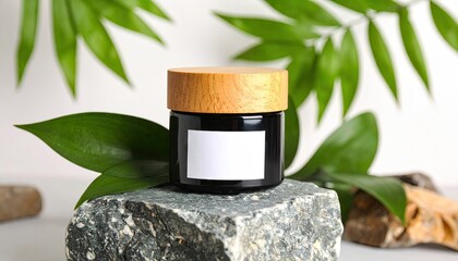 Black Balm Jar with Wood Lid on Slate and Greenery