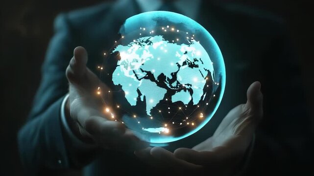 Digital technology, businessman holding Global network connection. Big data analytics and business intelligence. World map point and line composition of global business. innovation, generate by AI