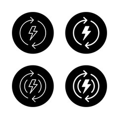 Renewable energy icon in black circle. Lightning bolt rotation and recharge sign