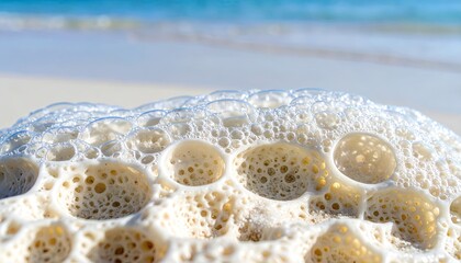 Close-up of White Sea Foam Honeycomb Texture on Sandy Beach
