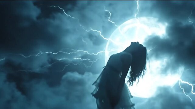 Moonlit Transformation: Woman's Silhouette Bathed in Lightning and Full Moon Light
