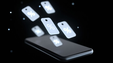 Glowing digital percent tags floating above smartphone screen. An exciting concept for an online shopping sale, promotion, special discount, and cyber monday offer