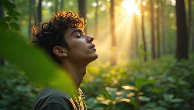 Young man inhales deeply fresh air in sunlit forest glade. He finds inner peace meditating amongst green trees. Calmness envelops him. He feels relaxed and happy.