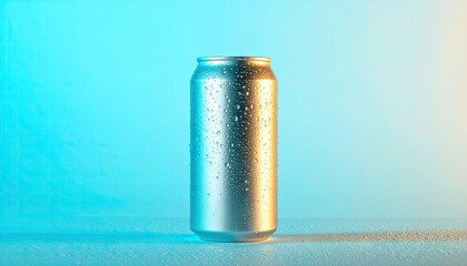 Silver Aluminum Can with Condensation on Blue Gradient Background