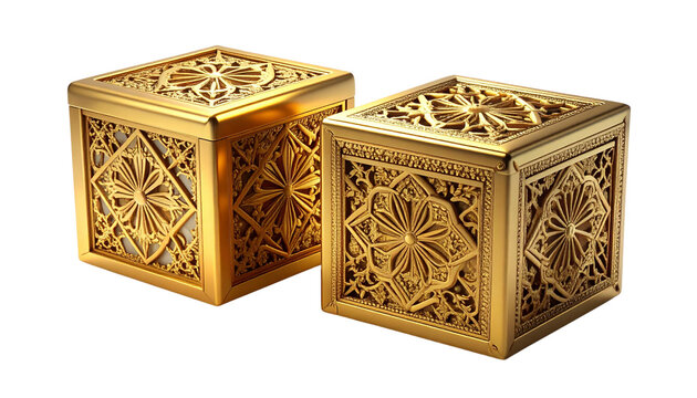 Two variations of ornate golden cube boxes with intricate carvings isolated on transparent background.