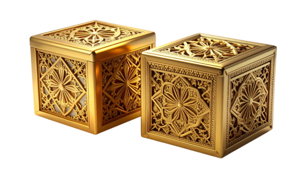 Two variations of ornate golden cube boxes with intricate carvings isolated on transparent background.