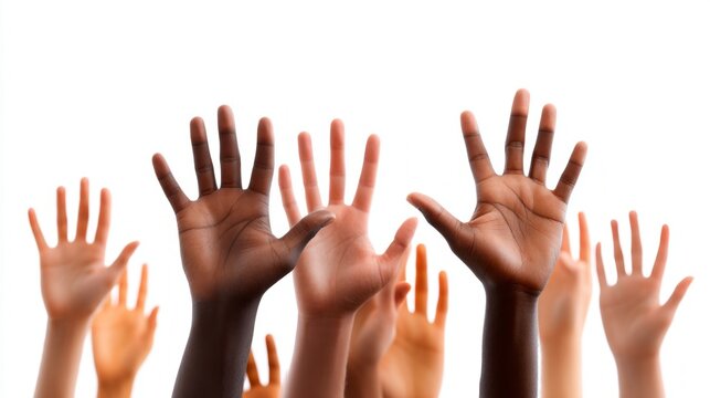 A collection of diverse hands stretches toward the sky, symbolizing unity and cooperation among different backgrounds. The bright light enhances the hopeful spirit of togetherness