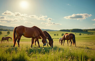 Herd of brown horses graze on green grassy meadow under sunny blue sky with white clouds. Rolling hills, trees form scenic countryside background. Gentle equine animals feed peacefully in rural farm