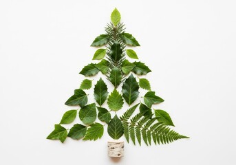 Green Leaves Christmas Tree Shape Flat Lay, Nature Holiday Concept