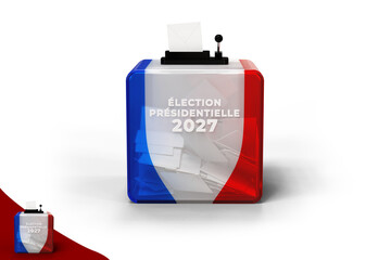 urne de vote aux couleurs de la France avec le texte ÉLECTION PRÉSIDENTIELLE 2027 - rendu 3D sur fond transparent