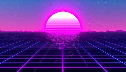 Pixel Sunset over Gridded Sea in Pastel Fog