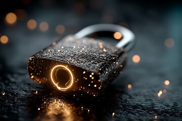 Futuristic digital padlock with glowing orange ring symbolizing advanced cybersecurity and data protection in a dark textured environment