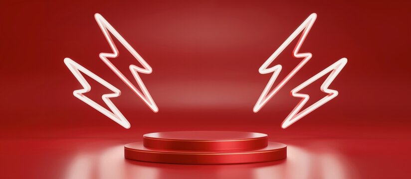 Dynamic Red Pedestal Stage with Neon Lightning Bolts: 3D Minimalist Product Display Panoramic Background. Power and Speed. E-commerce Sale.  Advertising Template. Fast Service or Energy Drink Promotio