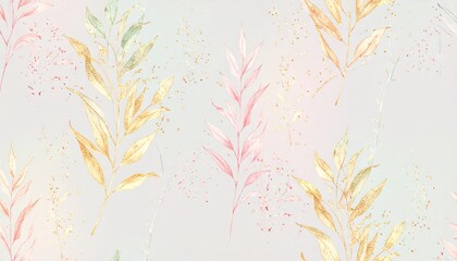 Seamless Botanical Pattern with Gold and Pastel Sprigs