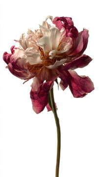 Single wilting peony flower showing delicate, fragile beauty isolated on white background. decaying pink and white petal has an ephemeral quality, evoking melancholy