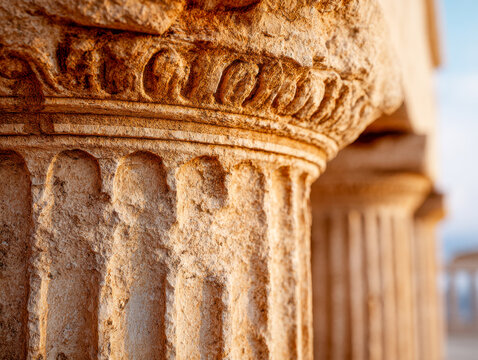 Detailed stone column capital showcasing ancient classical architectural design in warm sunlight with blurred background of similar pillars in historical ruins setting