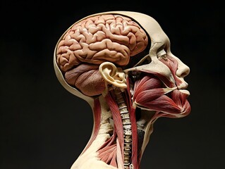 scientific side profile of human head and neck, muscular and internal systems exposed including brain and throat 
