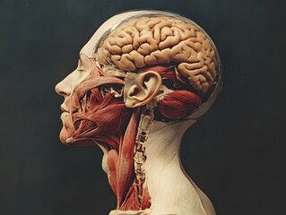 scientific side profile of human head and neck, muscular and internal systems exposed including brain and throat 
