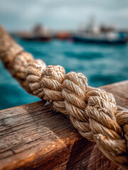 Fototapeta premium Detailed close-up of a thick braided rope secured to a weathered wooden surface with blurred turquoise water and distant ships in the seaport background on a cloudy day