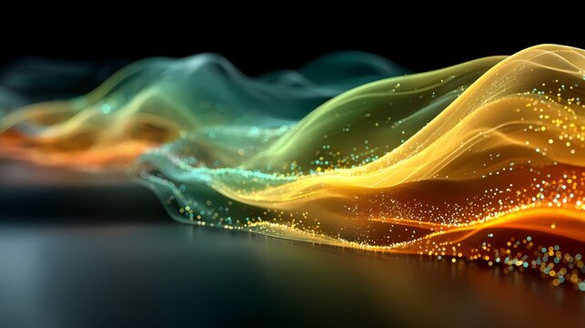 Abstract swirling waves of vibrant orange yellow and teal light particles create a mesmerizing fluid and ethereal cosmic dance
