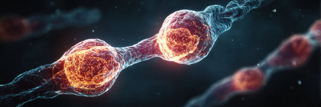 Glowing neuron cell and nerve network showing vital connection. An abstract microscopic view of biology and science system illustrating fascinating communication impulse