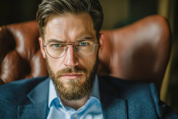 Thoughtful man with glasses and beard wearing a blue suit jacket sitting in a leather armchair indoors, showing confidence and focus in his expression