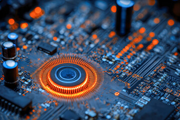 Detailed view of a glowing orange circular chip component on a blue circuit board with intricate electronic pathways and capacitors in a futuristic technology concep