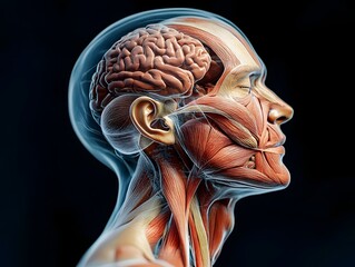 scientific side profile of human head and neck, muscular and internal systems exposed including brain and throat 
