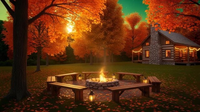 Cozy log cabin with campfire and fall foliage at dusk