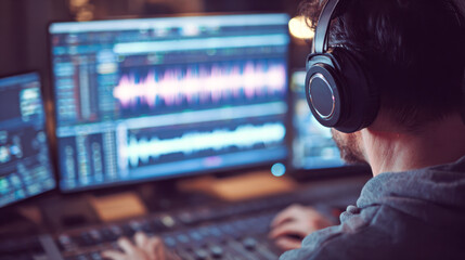 Man wearing headphones working on audio editing software with multiple sound waveforms displayed on several computer screens in dimly lit studio environment