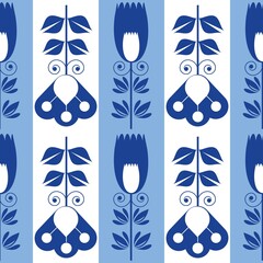 Blue white seamless background with flowers.
Abstract, repeating regular pattern for print.
Graphic design with regular shapes.
