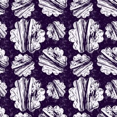 Blue white seamless background with flowers.
Abstract, repeating regular pattern for print.
Graphic design with regular shapes.