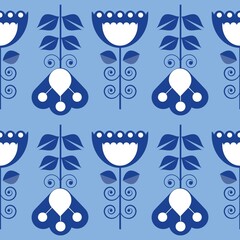 Blue white seamless background with flowers.
Abstract, repeating regular pattern for print.
Graphic design with regular shapes.