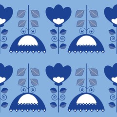 Blue white seamless background with flowers.
Abstract, repeating regular pattern for print.
Graphic design with regular shapes.