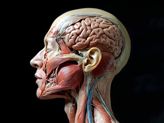 scientific side profile of human head and neck, muscular and internal systems exposed including brain and throat 
