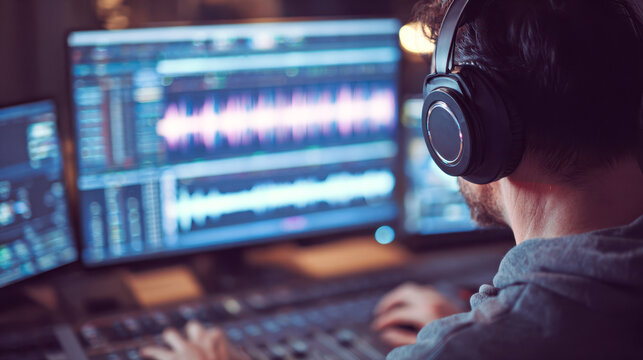 Man wearing headphones working on audio editing software with multiple sound waveforms displayed on several computer screens in dimly lit studio environment