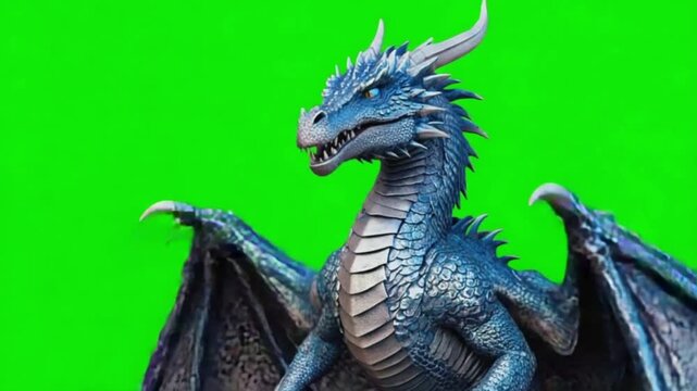 Blue dragon with wings spread wide against a green screen backdrop in a close up shot view green screen animal video