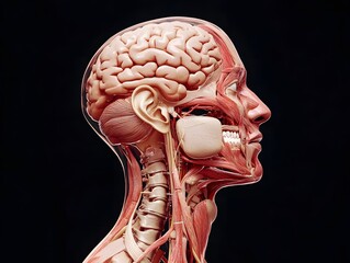 scientific side profile of human head and neck, muscular and internal systems exposed including brain and throat 

