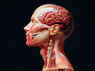 scientific side profile of human head and neck, muscular and internal systems exposed including brain and throat 
