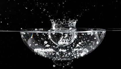 Water Drop Impact Crown Splash on Black Background