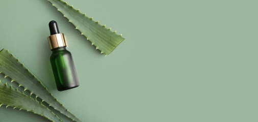 Bottle of cosmetic serum and aloe vera leaves on green background with space for text, top view