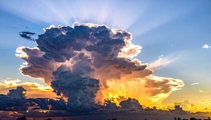 Dramatic Thunderstorm Clouds with Golden Light Rays at Sunset