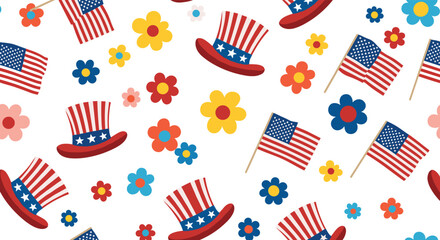Vibrant seamless pattern featuring American flags, patriotic Uncle Sam hats, and various colorful flowers perfect for national holidays.